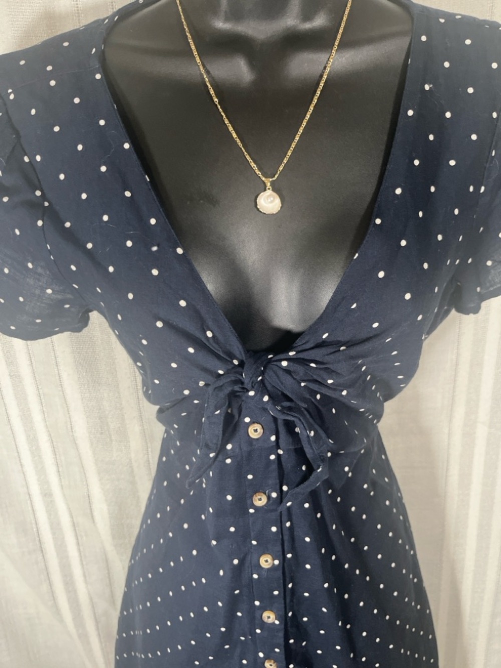 Abercrombie & Fitch Navy Polka Dot Tie Front Dress Size M Button Front Pockets - Picture 2 of 8